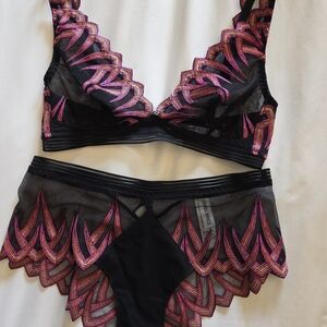 Chic Black and Pink Embroidered Bra Set